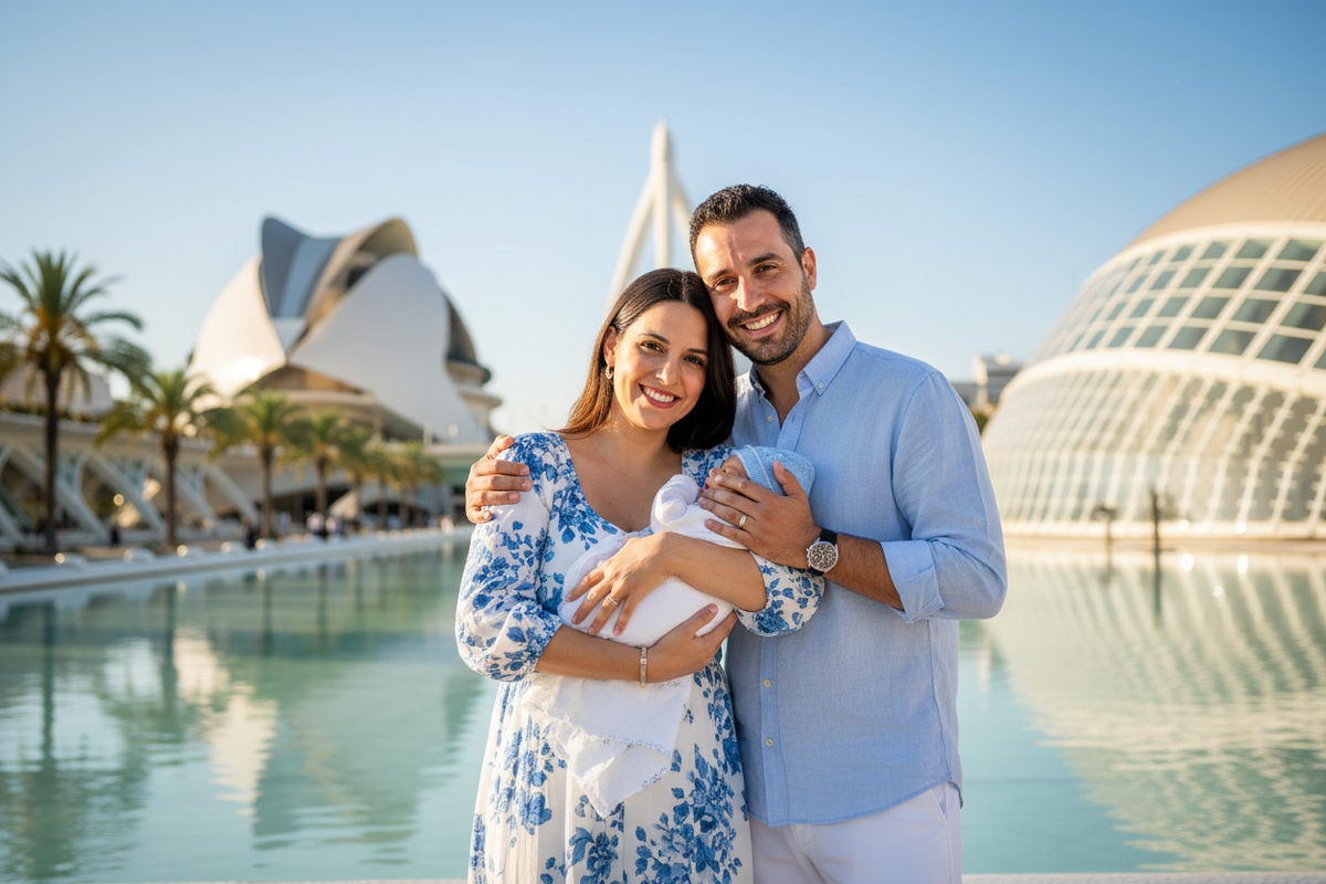 Que los padres esten con un bebé en lugar de niños, que parezcan valencianos y se parecie mas la ciudad de las artes del fondo