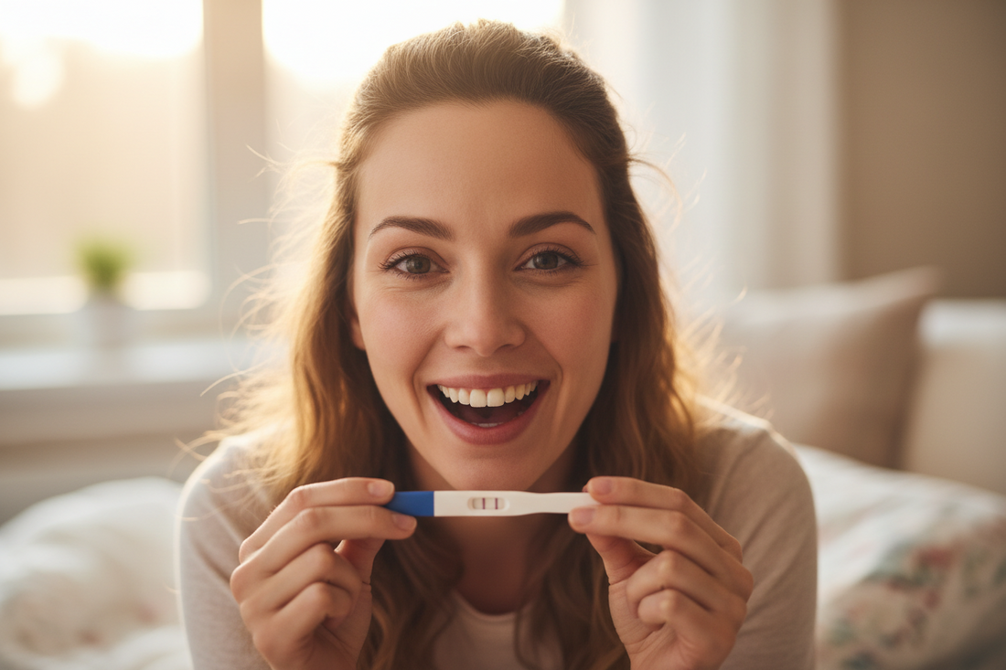 Madre feliz tras ver el test de embarazo positivo