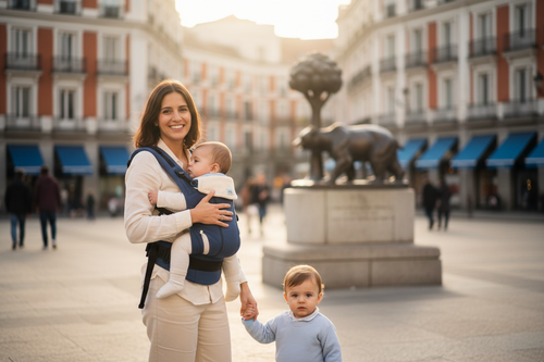 Crea una imagen de una madre con dos bebés y que se note que está en la ciudad de Madrid, pon de fondo una estatua del oso y el madroño