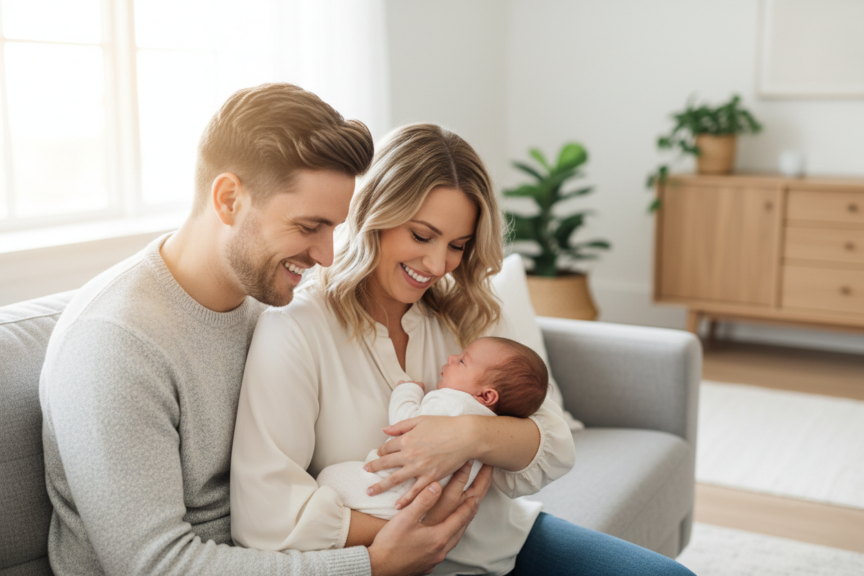 padres sonriendo con bebé